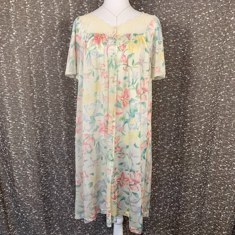 Vintage Vanity Fair Floral Satin Nightgown Dress Button Up Women's Medium